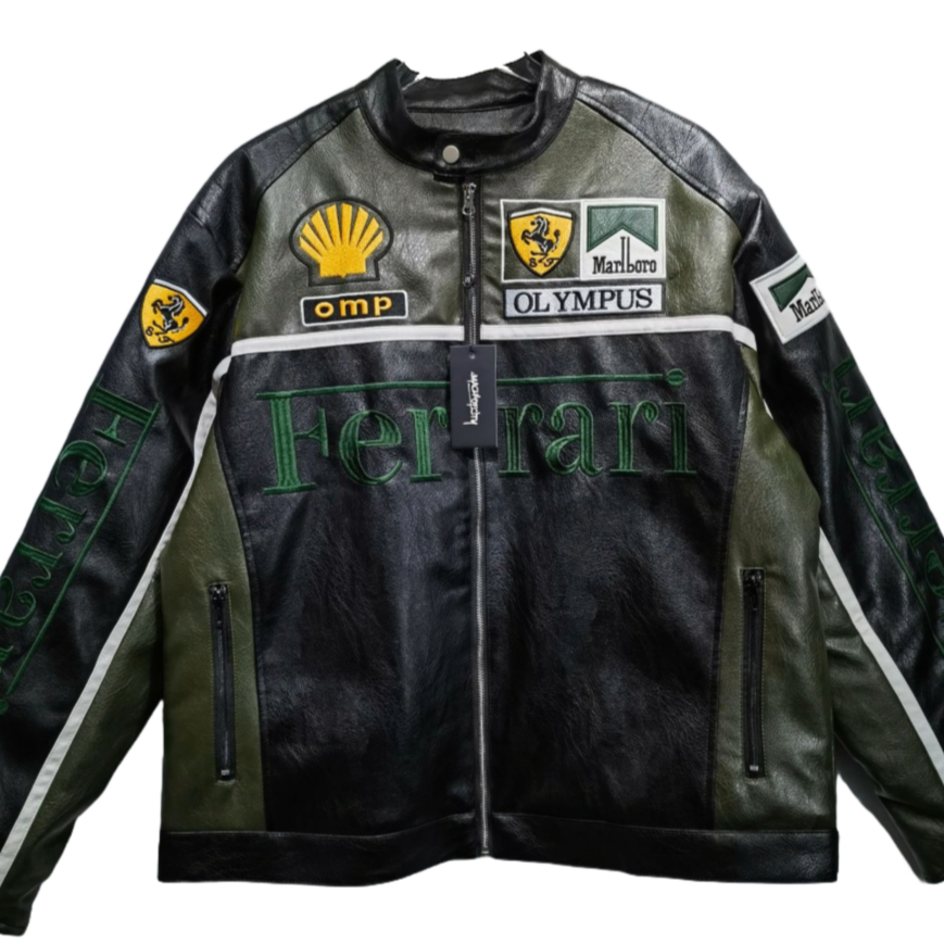VINTAGE FERRARI F1 LEDERJACKE DUNKELGRÜN