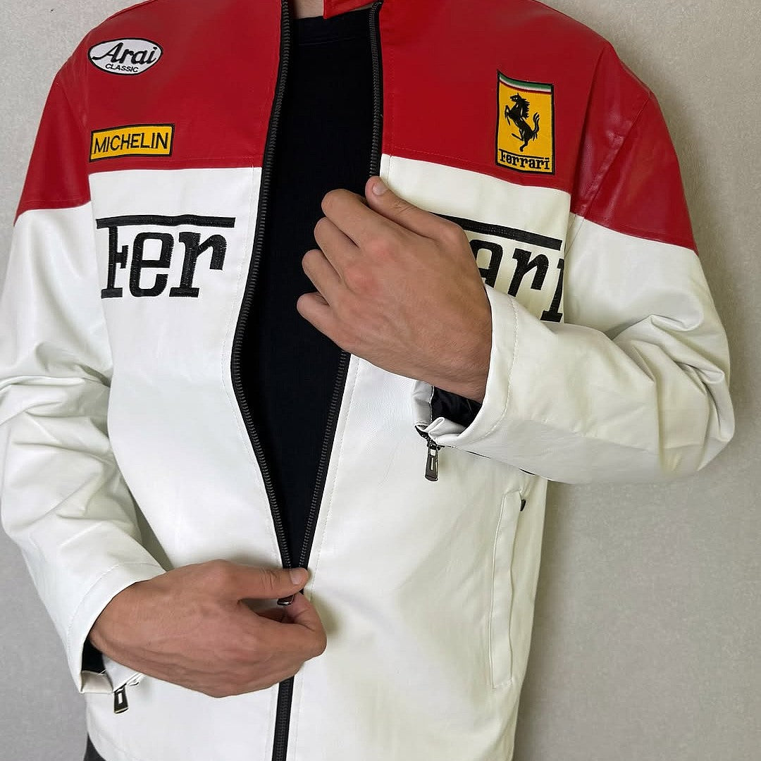 FERRARI VINTAGE F1 LEATHER JACKET WHITE