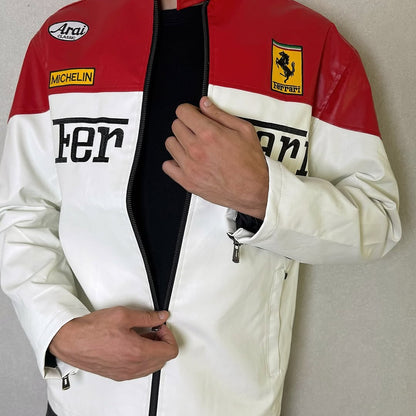 FERRARI VINTAGE F1 LEATHER JACKET WHITE