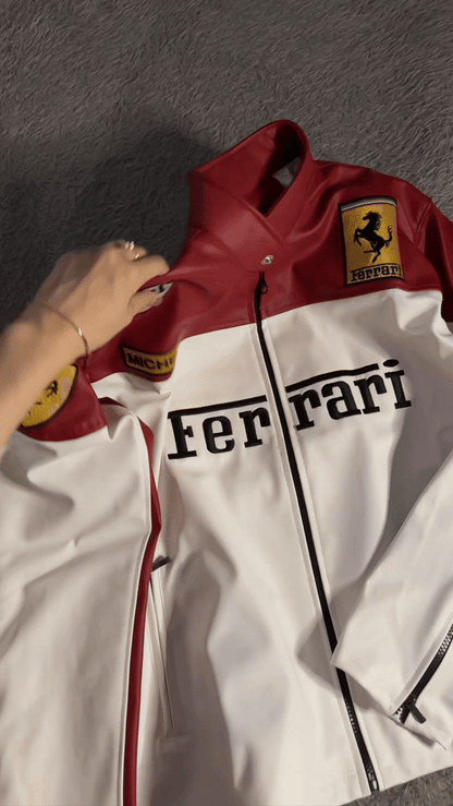FERRARI VINTAGE F1 LEATHER JACKET WHITE